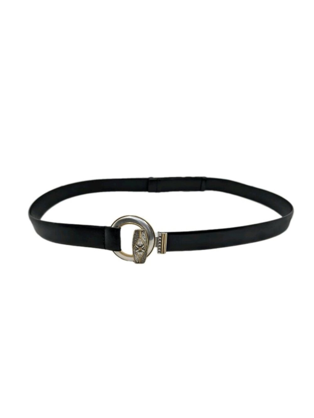 CHICO's Belt M/L Blac leather Silver Gold Tone Medallion Hook Clasp Adjustable